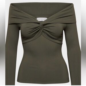 Aritzia countour Xs twist front off shoulder top shirt long sleeve olive green